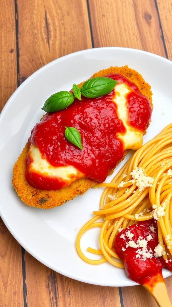 Built-In Oven and Microwave Combination Recipe Chicken Parmesan with marinara sauce and melted cheese, served with spaghetti on a rustic table.